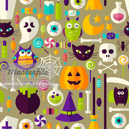 Halloween Seamless Background. Vector Illustration of Scary Holiday Flat Style Tile Pattern. Trick or Treat.