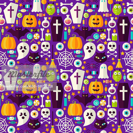 Happy Halloween Seamless Background. Vector Illustration of Scary Party Flat Style Tile Pattern. Trick or Treat.