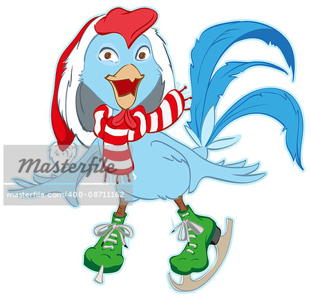 Christmas Santa Rooster symbol 2017 skates. Isolated on white vector cartoon illustration