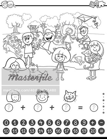 Black and White Cartoon Illustration of Educational Mathematical Counting and Addition Activity Task for Children with Kids and Cats Coloring Book