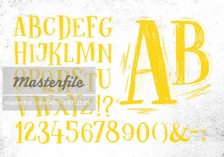 Font pencil vintage hand drawn alphabet drawing in yellow color on dirty paper background.