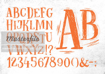 Font pencil vintage hand drawn alphabet drawing in orange color on dirty paper background.