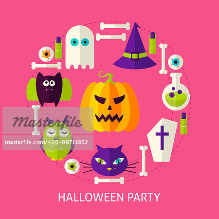 Halloween Party Flat Concept. Poster Design Vector Illustration. Set of Trick or Treat Objects.
