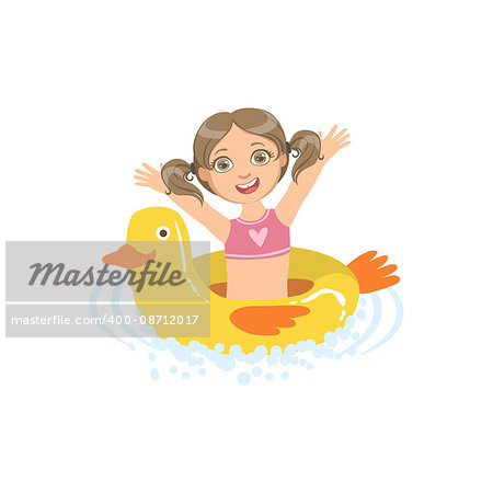 Girl In Water With Toy Duck Float Simple Design Illustration In Cute Fun Cartoon Style Isolated On White Background
