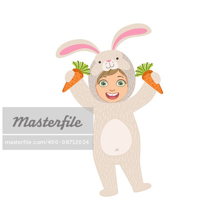 By Holding Carrots In Rabbit Animal Costume Simple Design Illustration In Cute Fun Cartoon Style Isolated On White Background