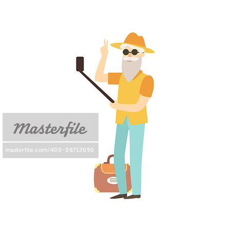 Old Man Doing Selfie With A Stick Bright Color Cartoon Simple Style Flat Vector Sticker Isolated On White Background