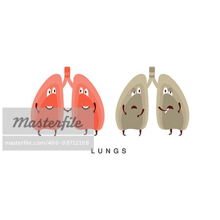 Healthy vs Unhealthy Lungs Infographic Illustration.Humanized Human Organs Childish Cartoon Characters On White Background
