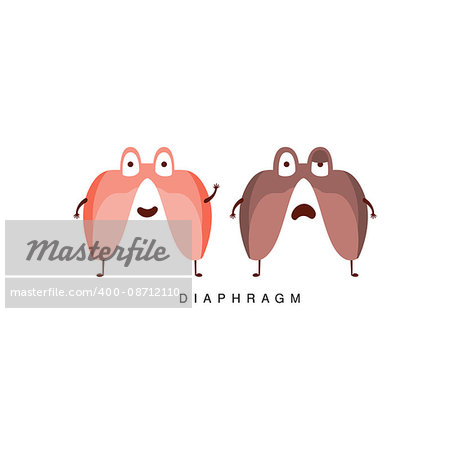 Healthy vs Unhealthy Diaphragm Infographic Illustration.Humanized Human Organs Childish Cartoon Characters On White Background