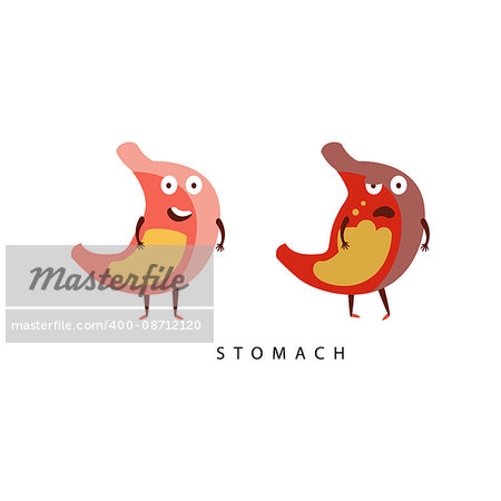 Healthy vs Unhealthy Stomach Infographic Illustration.Humanized Human Organs Childish Cartoon Characters On White Background