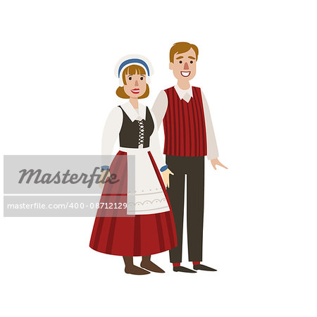 Couple In Hollandaise National Clothes Simple Design Illustration In Cute Fun Cartoon Style Isolated On White Background