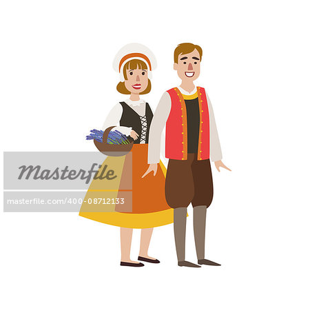 Couple In French National Clothes Simple Design Illustration In Cute Fun Cartoon Style Isolated On White Background