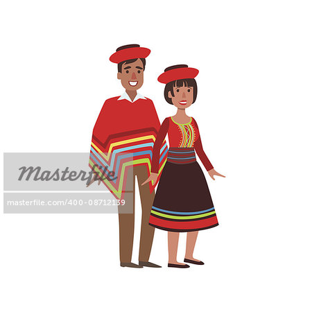 Couple In Peru National Clothes Simple Design Illustration In Cute Fun Cartoon Style Isolated On White Background