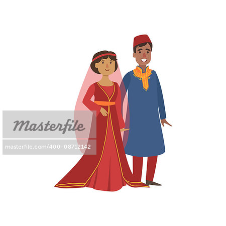 Couple In Turkish National Clothes Simple Design Illustration In Cute Fun Cartoon Style Isolated On White Background