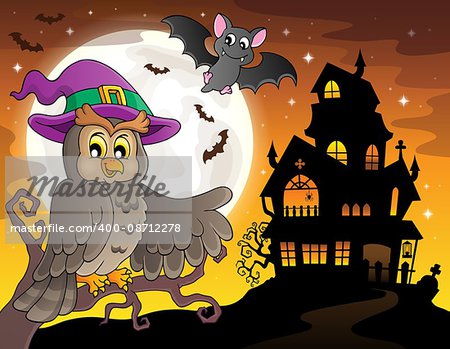 Owl near haunted house theme 2 - eps10 vector illustration.