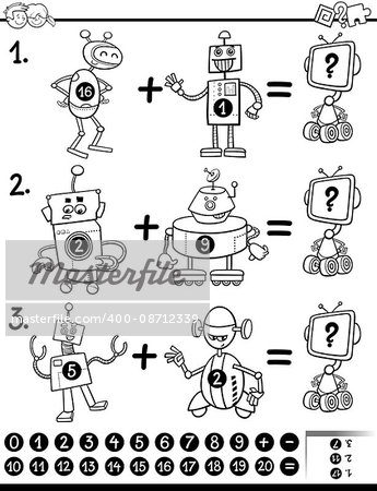 Black and White Cartoon Illustration of Educational Mathematical Activity Game for Children with Robots Coloring Book