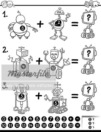 Black and White Cartoon Illustration of Educational Mathematical Activity Task for Children with Robots Coloring Book