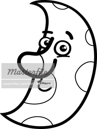 Black and White Cartoon Illustration of Moon Character Clip Art Coloring Book