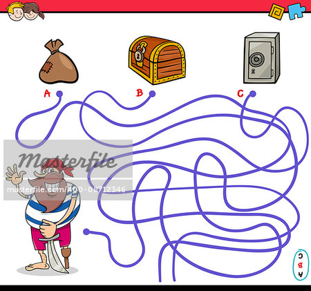 Cartoon Illustration of Educational Paths or Maze Puzzle Activity with Pirate Character and Treasures