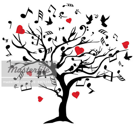 vector illustration of a music tree with notes, hearts, birds