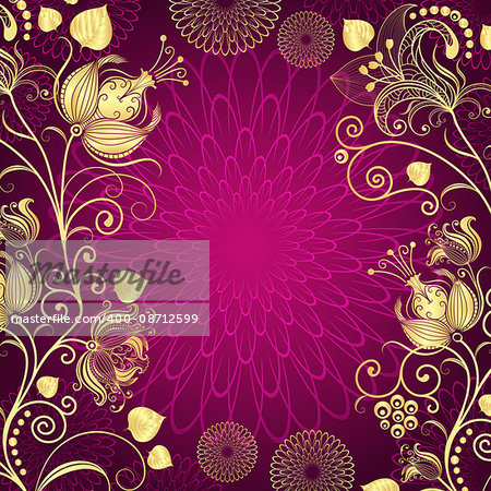 Purple vintage frame with gold gradient flowers, vector eps10