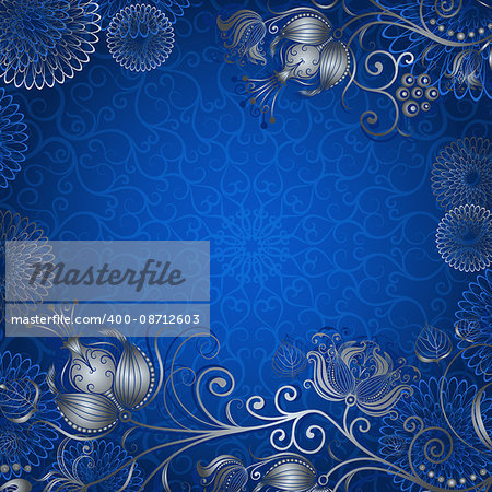 Blue vintage frame with silvery flowers, vector