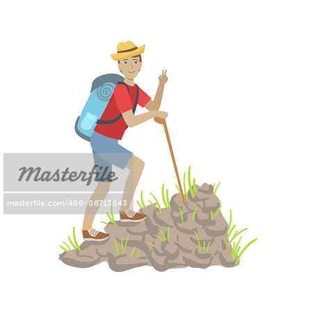 Man Climbing A Rocky Slope With Backpack Simple Childish Flat Colorful Illustration On White Background