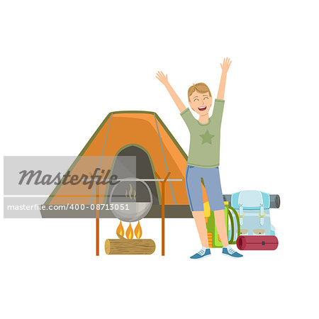 Cheerful Man With Tent, Bonfire And Backpack Simple Childish Flat Colorful Illustration On White Background