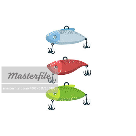 Three Fishing Spoon-baits In Shape Of Fish Bright Color Cartoon Simple Style Flat Vector Illustration Isolated On White Background