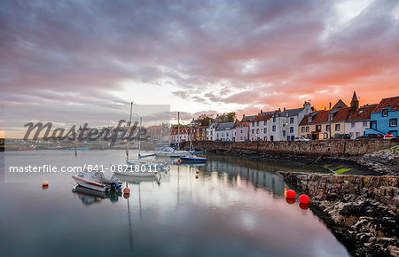 Sailing boats at sunset in the harbour at St. Monans, Fife, East Neuk, Scotland, United Kingdom, Europe