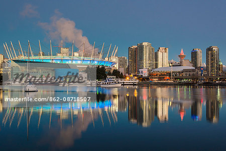 BC Place stadium and downtown skyline behind at sunrise, Vancouver, British Columbia, Canada