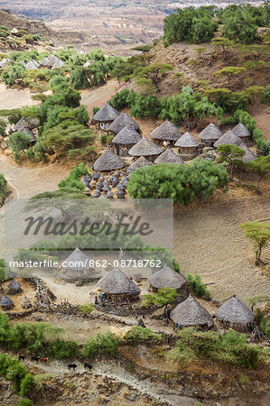 Ethiopia, Amhara Region, Welo.  A mountain-top village of the Amharic-speaking Welo people living in a remote part of their province above a tributary of the Lesser Abay River.