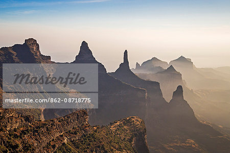 Ethiopia, Amhara Region, Simien Mountains.  Rugged peaks of the Simien Mountains which rise to 4550m above sea level.