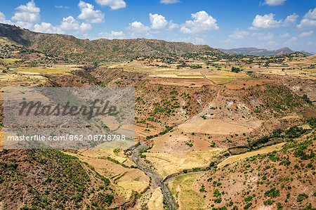 Ethiopia, Amhara Region, Lasta, Lalibela. Typical scenery in the mountainous and semi-arid countryside around Lalibela. All the land suitable for agriculture is cultivated.