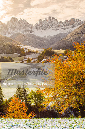 Funes Valley,Trentino Alto Adige, Italy. Dolomites Alps in Autumn, with the first snow on the landscape. Cherry tree and St. Magdalena church