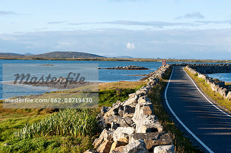 UK, Scotland, Outer Hebrides, North Uist.  The single track road crosses a man-made causeway between North Uist and Grimsay.