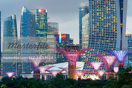 South East Asia, Singapore, Gardens by the Bay, Supertree Grove and city backdrop of Marina Bay