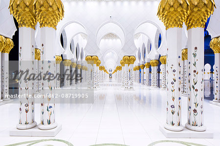 United Arab Emirates, Abu Dhabi. The beautiful date palm-styled column capitals of Sheikh Zayed Grand Mosque. Completed in 2007 the mosque comprises 1096 of these arcade columns.