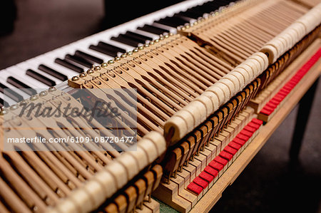 Close-up of old piano keyboard at workshop