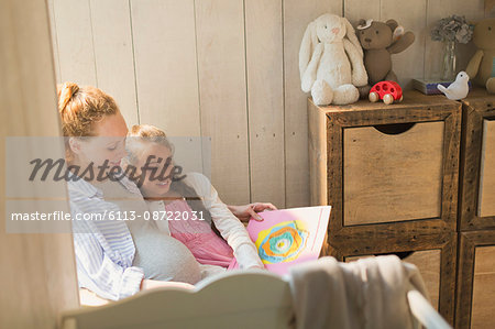 Pregnant mother and daughter reading story book in nursery