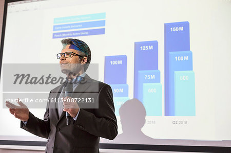 Businessman with microphone speaking at projection screen with bar chart