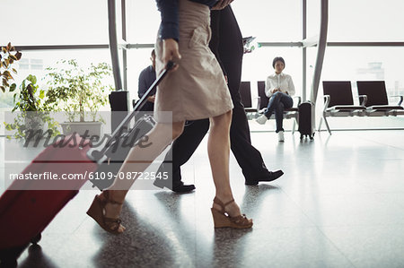 Business people walking with luggage in airport terminal