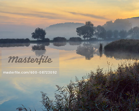 Landscape with Trees Reflecting in Lake at Dawn, Drei Gleichen, Ilm District, Thuringia, Germany