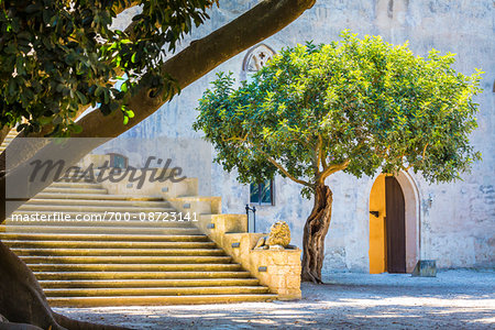 Stone steps and walls shaded by trees at the Donnafugata Castle in the Province of Ragusa in Sicily, Italy