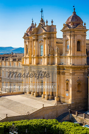 The majestic, Baroque facade of the Noto Cathedral in the city of Noto in the Province of Syracuse in Sicily, Italy