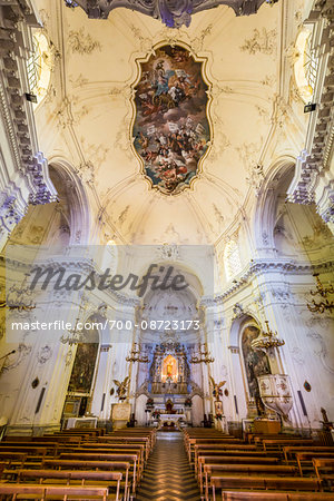 Vaulted ceiling with frescos and elaborate interior of the Church of Carmine (Chiesa del Carmine) in Noto in the Province of Syracuse in Sicily, Italy