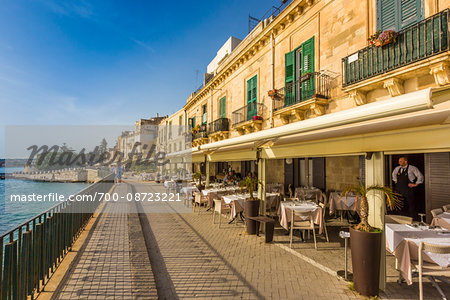 Cafes and Walkway at Waterfront in Syracuse, Sicily, Italy