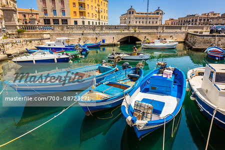 Traditional Fishing Boats Moored in Harbour, Ortygia, Syracuse, Sicily, Italy