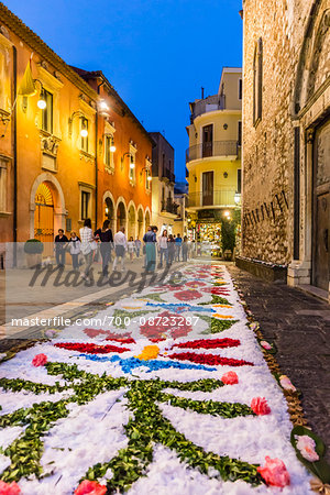 Flower Design on Ground for Festival at Dusk at Duomo di Taormina, Taormina, Sicily, Italy