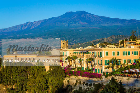 View of Taormina with Mount Etna in the background, Sicily, Italy