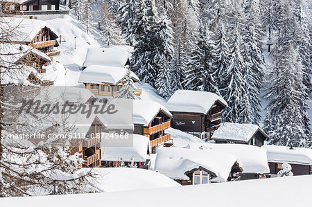 The snowy woods frame the typical mountain huts, Bettmeralp, district of Raron, canton of Valais, Switzerland, Europe